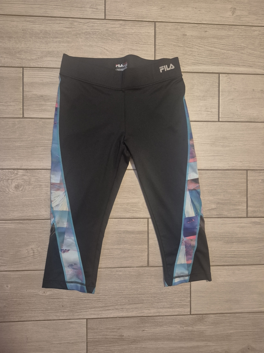 FILA Girls' Black Capri Leggings with Blue Print Side Panels